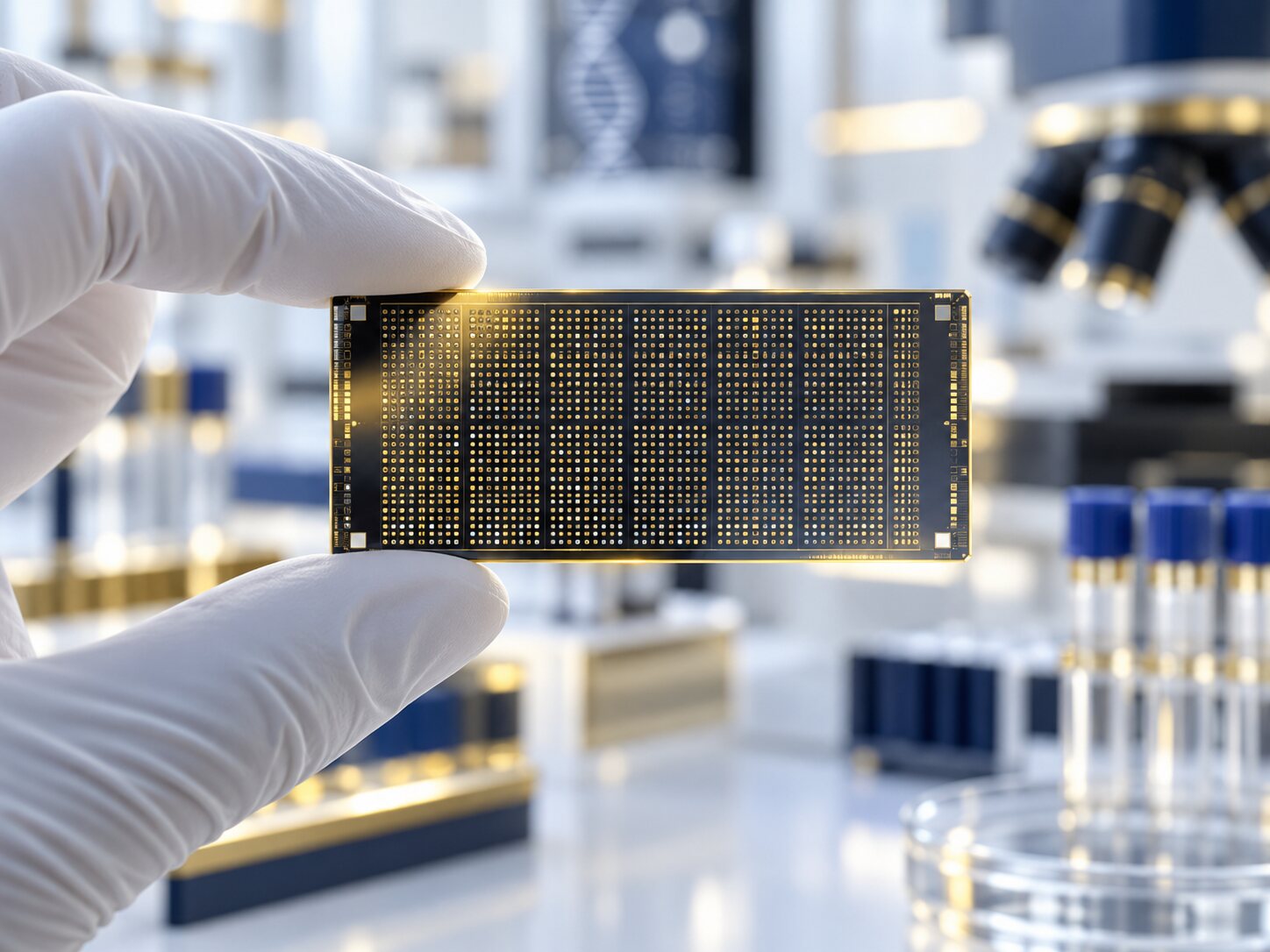 DNA genotyping microarray chip held in a gloved hand in a genetics laboratory