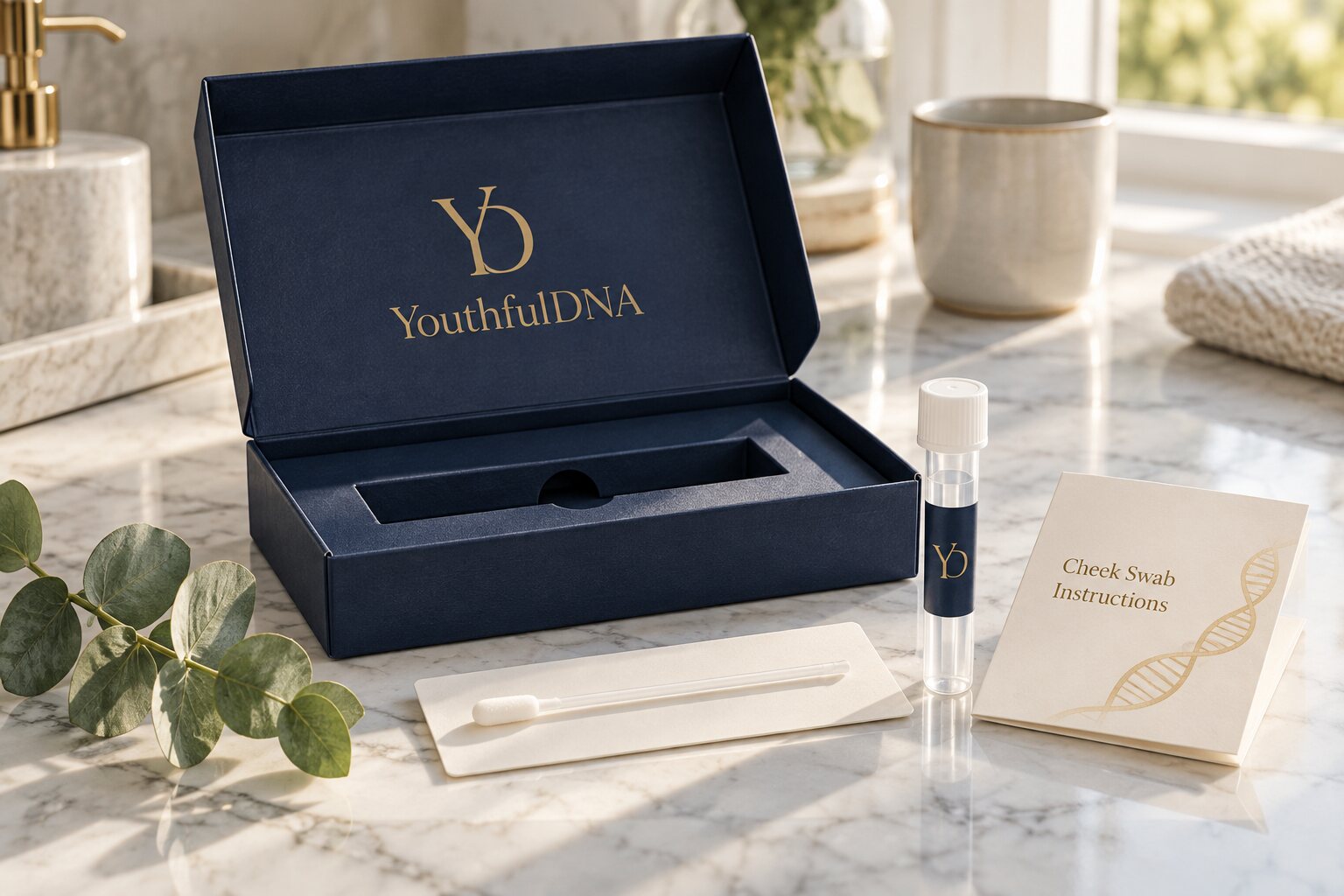 YouthfulDNA Skin Health DNA Test kit with cheek swab, collection tube and swab instructions