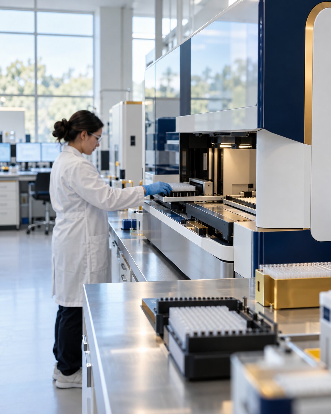 Laboratory technician loading DNA samples into genotyping equipment in a modern genomics laboratory